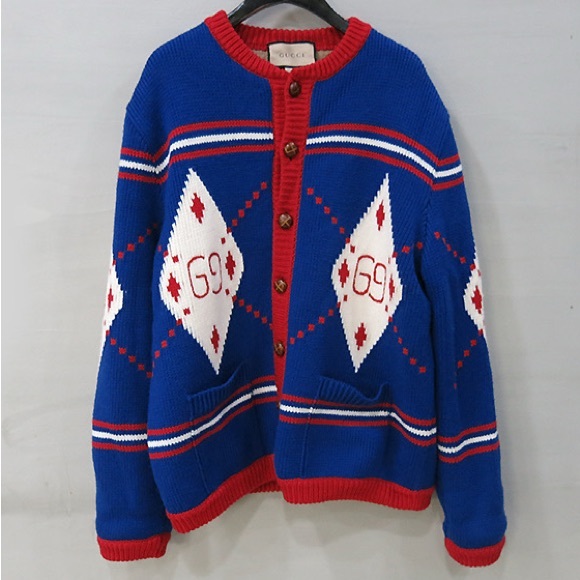 Gucci Blue Argyle Intarsia GG Heavy Wool Cardigan Sweater Size L - Picture 2 of 6
